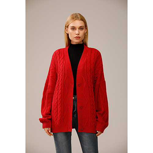 

Women's Knitted Solid Color Cardigan Acrylic Fibers Long Sleeve Sweater Cardigans V Neck Fall Winter Red