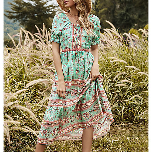 

Women's A Line Dress Midi Dress Green Short Sleeve Print Lace up Ruffle Patchwork Fall Off Shoulder Casual 2021 S M L XL