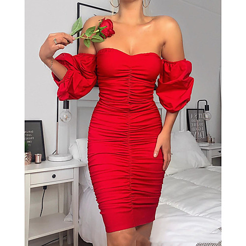 

Women's Sheath Dress Short Mini Dress Purple Orange Red Long Sleeve Solid Color Ruched Patchwork Fall Spring Strapless Sexy Party Slim 2021 S M L XL