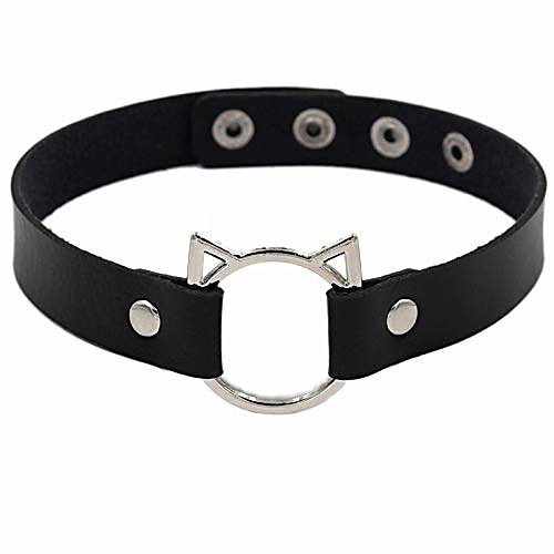

halloween gothic choker necklaces black pu leather collar women vintage punk rock o ring adjustable spike choker cosplay necklace for biker (black cat)