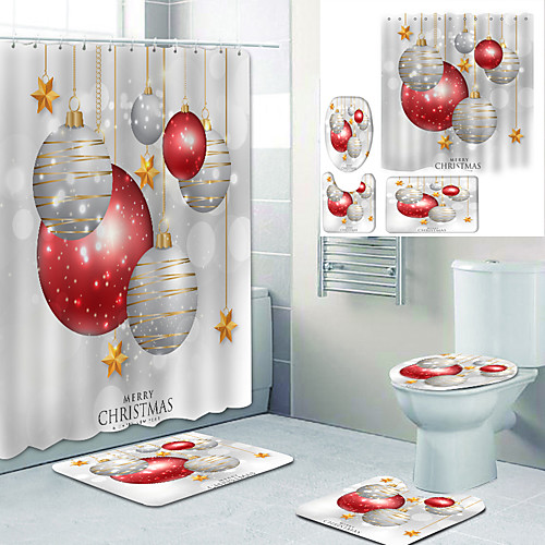 

Christmas Gold Color Lights Printed Bathtub Curtain Liner Covered With Waterproof Fabric Shower Curtain For Bathroom Home Decoration With Hook Floor Mat And Four-piece Toilet Mat