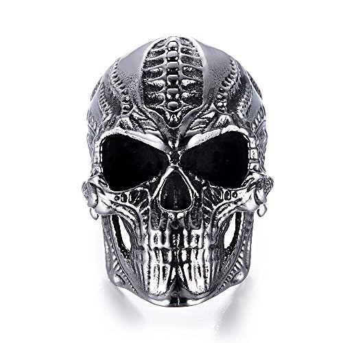

stainless steel alien skull ring, suitable for hiphop biker men's domineering punk ring, the premium fashion forward band ring for man (silver, 7