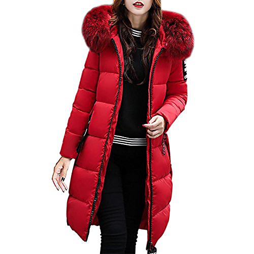 

ursing ladies long parka with fur hood thick warm fur collar with hood coat lined winter jacket casual slim fit down lammy jacket overcoat short coat quilted coat (m, red)