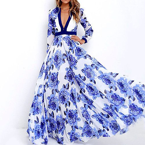 

Women's Swing Dress Maxi long Dress White Long Sleeve Floral Print Fall Spring V Neck Elegant 2021 S M L XL XXL / Plus Size / Chiffon / Plus Size