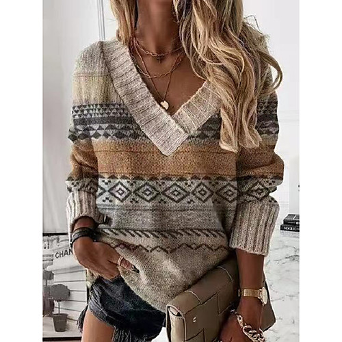 

Women's Geometric Women's Hoodies Long Sleeve Sweater Cardigans V Neck Fall Winter Khaki
