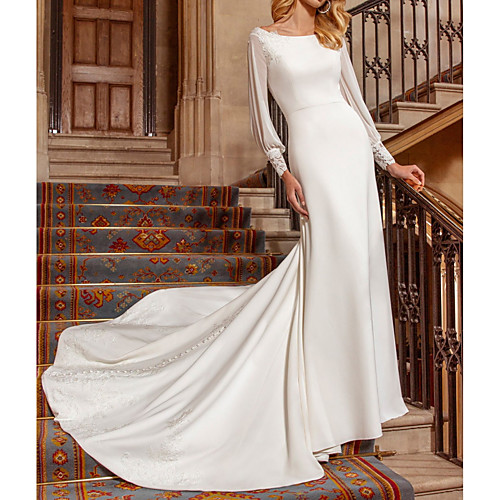 

Sheath / Column Wedding Dresses Jewel Neck Sweep / Brush Train Chiffon Stretch Satin Long Sleeve Simple Vintage with 2021