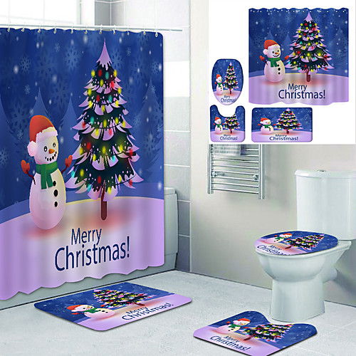 

Christmas Snowman Printed Bathtub Curtain Liner Covered With Waterproof Fabric Shower Curtain For Bathroom Home Decoration With Hook Floor Mat And Four-piece Toilet Mat