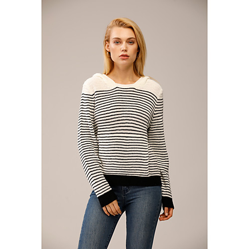 

Women's Stripe Knitted Hooded Striped Color Block Pullover Long Sleeve Sweater Cardigans Hooded Fall Winter Black