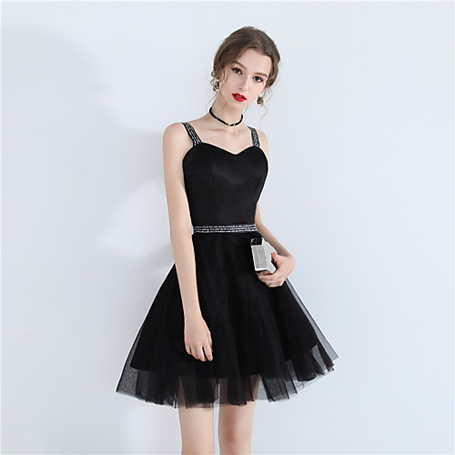 

A-Line Little Black Dress Sexy Homecoming Party Wear Dress Spaghetti Strap Sleeveless Short / Mini Tulle with Lace Insert 2021
