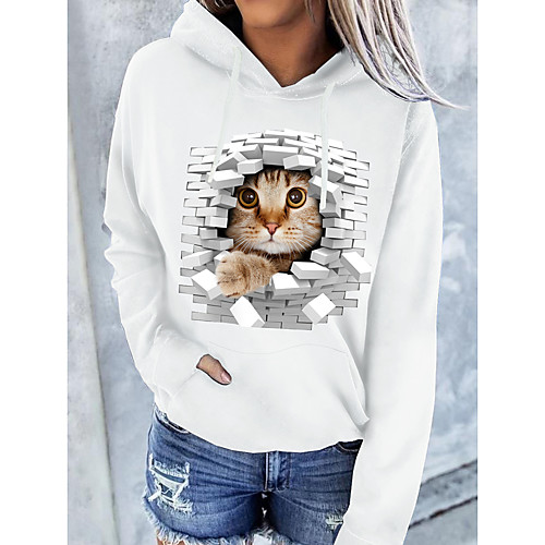 

Women's Hoodie Pullover Cat Graphic 3D Front Pocket Daily Basic Casual Hoodies Sweatshirts White