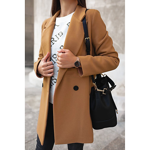

Women's Pea Coat Going out Fall & Winter Long Coat Notch lapel collar Regular Fit Jacket Long Sleeve Solid Colored Khaki Light gray / Work / Plus Size