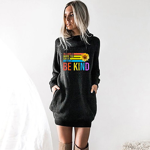 

Women's T shirt Dress Letter Long Sleeve Cowl Neck Tops Black Wine Camel