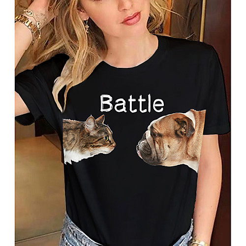 

Women's T shirt Cat 3D Graphic Prints Print Round Neck Tops 100% Cotton Basic Basic Top White Black