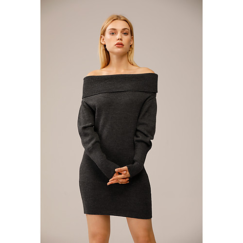 

Women's Knitted Solid Color Pullover Dress Long Sleeve Sweater Cardigans Off Shoulder Fall Winter Gray