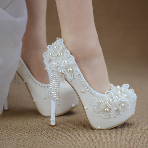 

Women's Wedding Shoes Pumps Pointed Toe Wedding Pumps Vintage Sexy Roman Shoes Wedding Party & Evening PU Pearl Lace Tassel Solid Colored Color Block White Ivory Beige