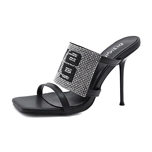 

Women's Heels Stiletto Heel Square Toe Casual Daily Walking Shoes Leather Rhinestone Striped Black