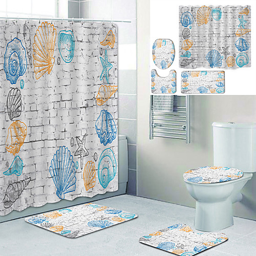 

Wall Painting Printed Bathtub Curtain Liner Covered With Waterproof Fabric Shower Curtain For Bathroom Home Decoration With Hook Floor Mat And Four-piece Toilet Mat