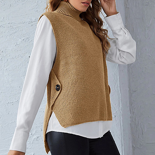 

Women's Stylish Knitted Solid Color Vest Sleeveless Sweater Cardigans Turtleneck Fall Winter Black Blue Purple
