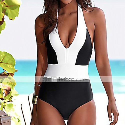 

Women's One Piece Monokini Swimsuit Open Back Color Block Blue White Swimwear Padded Strap Bathing Suits Fashion Sexy / Padded Bras