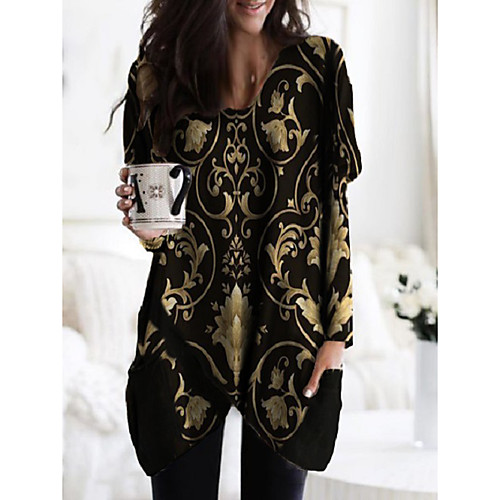 

Women's Shift Dress Knee Length Dress Gold Long Sleeve Print Pocket Patchwork Print Fall Spring Round Neck Casual Slim 2021 M L XL XXL 3XL