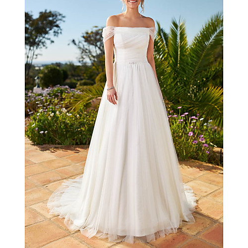 

A-Line Wedding Dresses Off Shoulder Floor Length Chiffon Short Sleeve Simple Beach with 2021
