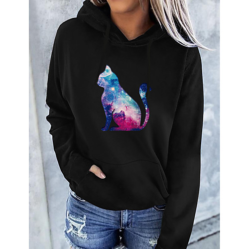 

Women's Hoodie Pullover Cat Graphic 3D Front Pocket Print Daily Basic Casual Hoodies Sweatshirts White Black