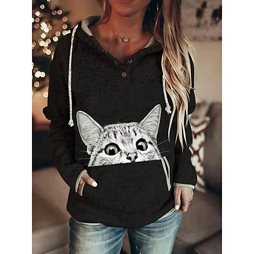 

Women's Pullover Hoodie Sweatshirt Cat Print Daily Weekend 3D Print Active Basic Hoodies Sweatshirts Black