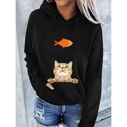 

Women's Hoodie Pullover Cat Graphic 3D Front Pocket Daily Basic Casual Hoodies Sweatshirts White Black