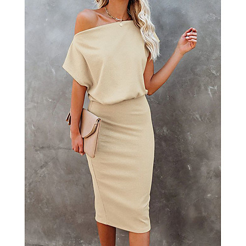 

Women's Sweater Jumper Dress Knee Length Dress Blue Camel Black Short Sleeve Solid Color Patchwork Fall Spring Off Shoulder Casual Going out 2021 S M L XL