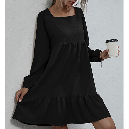 

Women's Swing Dress Knee Length Dress Camel Black Long Sleeve Solid Color Fall Spring Casual Loose 2021 S M L XL
