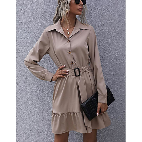 

Women's Swing Dress Knee Length Dress Khaki Black Long Sleeve Solid Color Fall Spring Casual Loose 2021 S M L XL