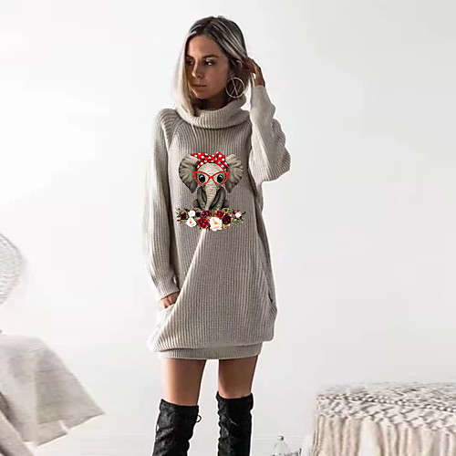 

Women's T shirt Dress Graphic Prints Animal Long Sleeve Cowl Neck Tops Black Wine Camel