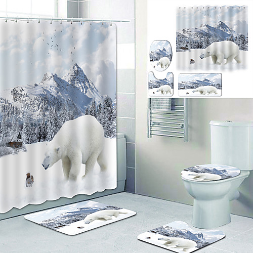 

Bear In The Snow Printed Bathtub Curtain Liner Covered With Waterproof Fabric Shower Curtain For Bathroom Home Decoration With Hook Floor Mat And Four-piece Toilet Mat