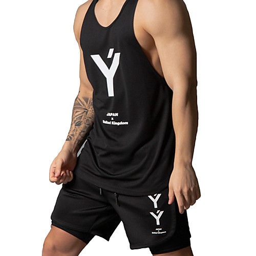 

Men's Tank Top Shirt Other Prints Letter Racerback Print Sleeveless Sports Slim Tops Casual Round Neck White Light gray Black