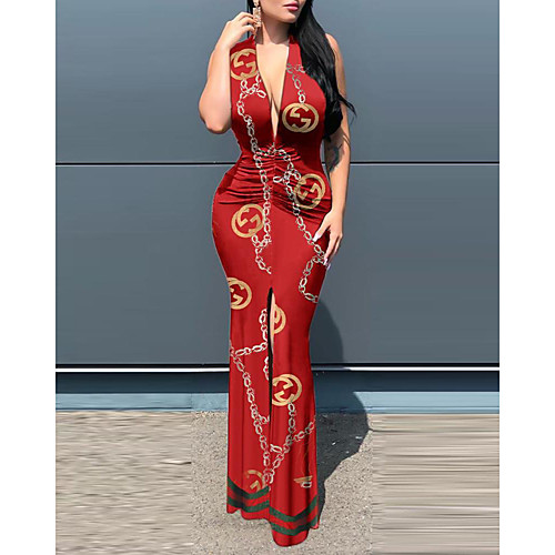 

Women's Sheath Dress Maxi long Dress Blue Yellow White Black Red Sleeveless Floral Print Split Patchwork Print Summer V Neck Elegant Sexy Party Slim 2021 S M L XL XXL 3XL / Plus Size / Plus Size