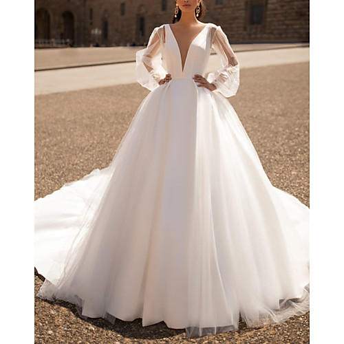 

A-Line Wedding Dresses V Neck Court Train Organza Satin Long Sleeve Country Simple with Pleats 2021