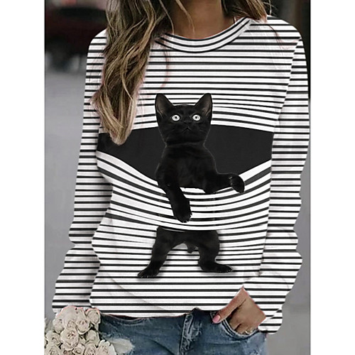 

Women's Tunic Striped Cat Animal Long Sleeve Patchwork Print Round Neck Tops Black Green