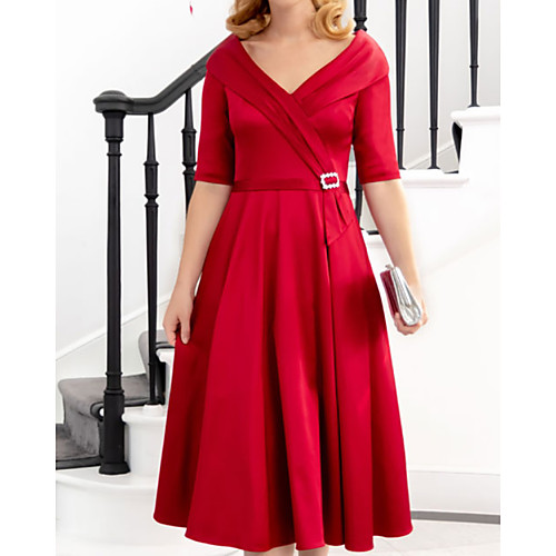 

A-Line Mother of the Bride Dress Elegant V Neck Knee Length Satin Short Sleeve with Pleats 2021