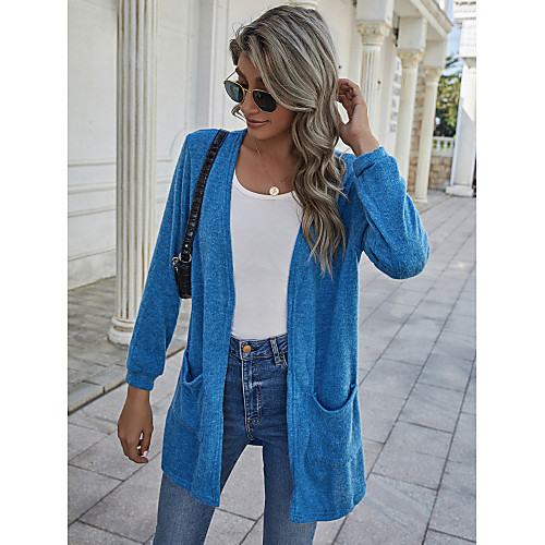 

Women's Stylish Front Pocket Solid Color Cardigan Long Sleeve Sweater Cardigans Halter Neck Fall Spring Blue Khaki Green