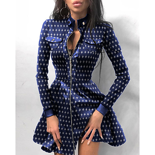 

Women's A Line Dress Short Mini Dress Blue Long Sleeve Print Pocket Print Fall Turtleneck Casual Slim 2021 S M L XL