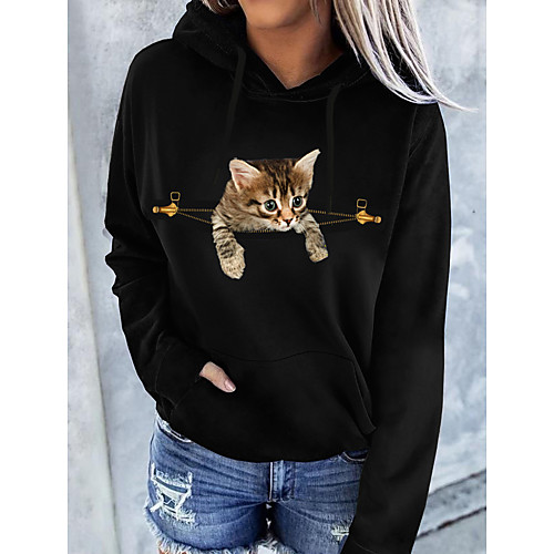 

Women's Hoodie Pullover Cat Graphic 3D Front Pocket Daily Basic Casual Hoodies Sweatshirts Black