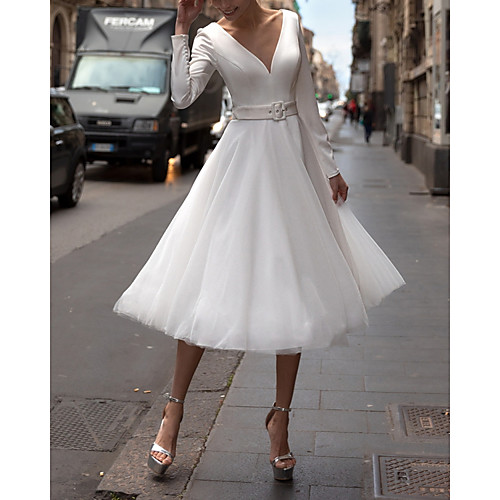 

A-Line Wedding Dresses V Neck Knee Length Satin Tulle Long Sleeve Country Simple Vintage Little White Dress 1950s with Sashes / Ribbons 2021