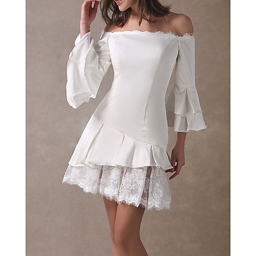 

A-Line Wedding Dresses Off Shoulder Short / Mini Chiffon Lace Long Sleeve Beach Vintage Little White Dress 1950s with 2021