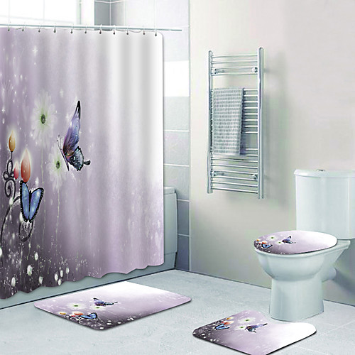

White Flower Butterfly Digital Printing Four-piece Set Shower Curtains And Hooks Modern Polyester Machine Made Waterproof Bathroom