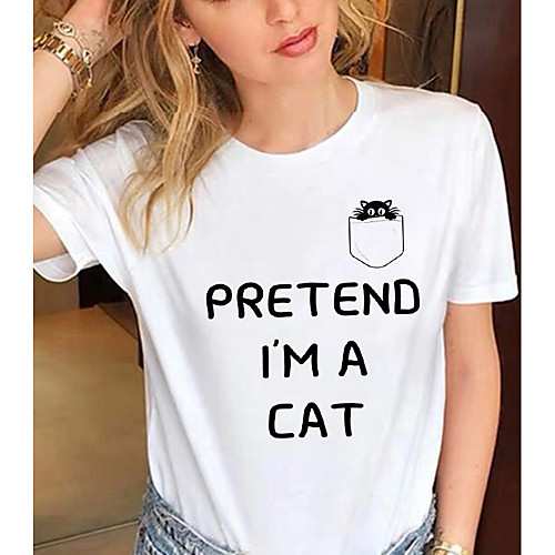 

Women's T shirt Cat Text Graphic Prints Print Round Neck Tops 100% Cotton Basic Basic Top White Black