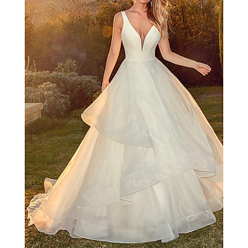 

A-Line Wedding Dresses V Neck Sweep / Brush Train Satin Tulle Sleeveless Country Simple with 2021