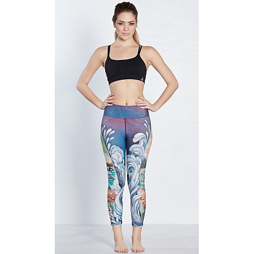 

Women's Basic Chino Comfort Casual Gym Leggings Pants Plants Pattern Floral Calf-Length Patchwork Print Blue
