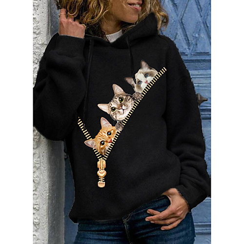 

Women's Hoodie Pullover Cat Graphic 3D Print Daily 3D Print Basic Casual Hoodies Sweatshirts Black