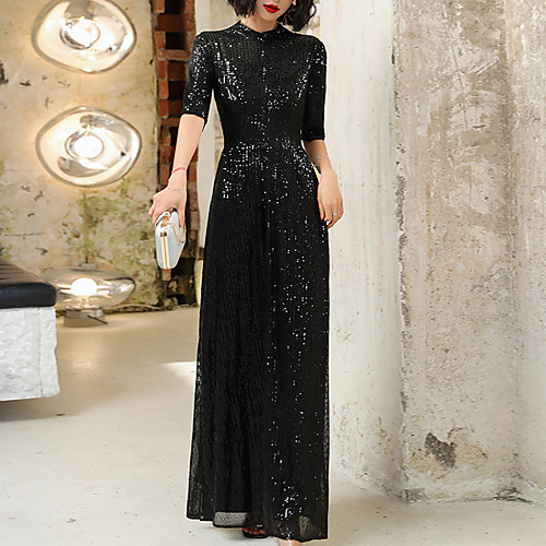 

A-Line Sparkle Vintage Wedding Guest Formal Evening Dress High Neck Half Sleeve Floor Length Sequined with Sequin 2021