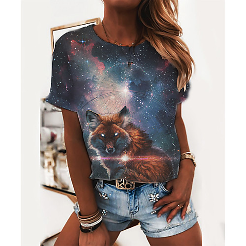 

Women's T shirt 3D Print Round Neck Basic Tops Rainbow